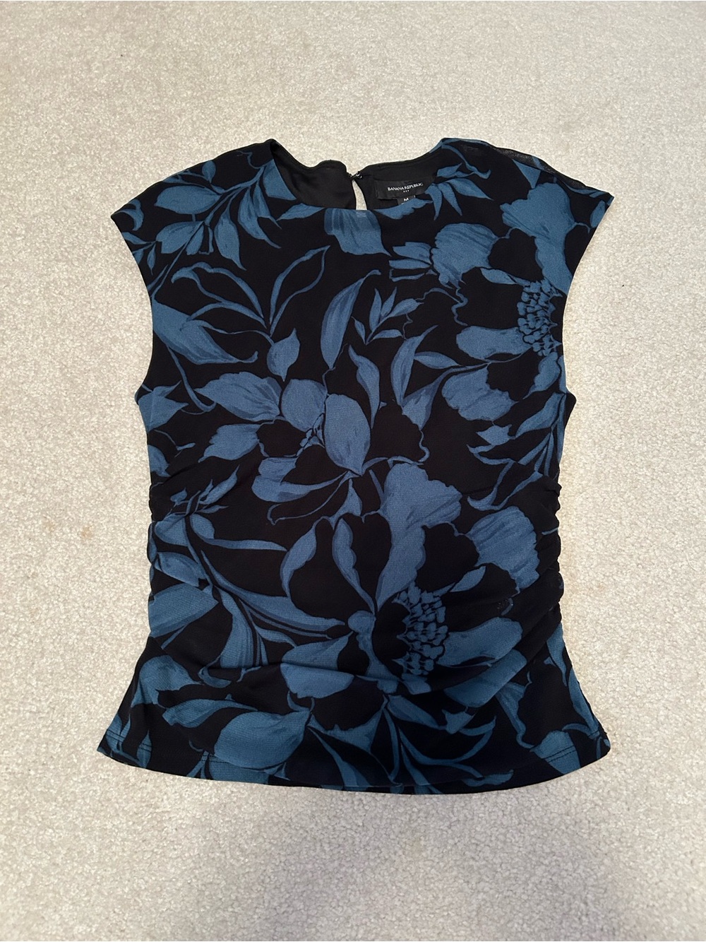 Banana Republic Black Floral Cap-Sleeve Blouse with Blue Print